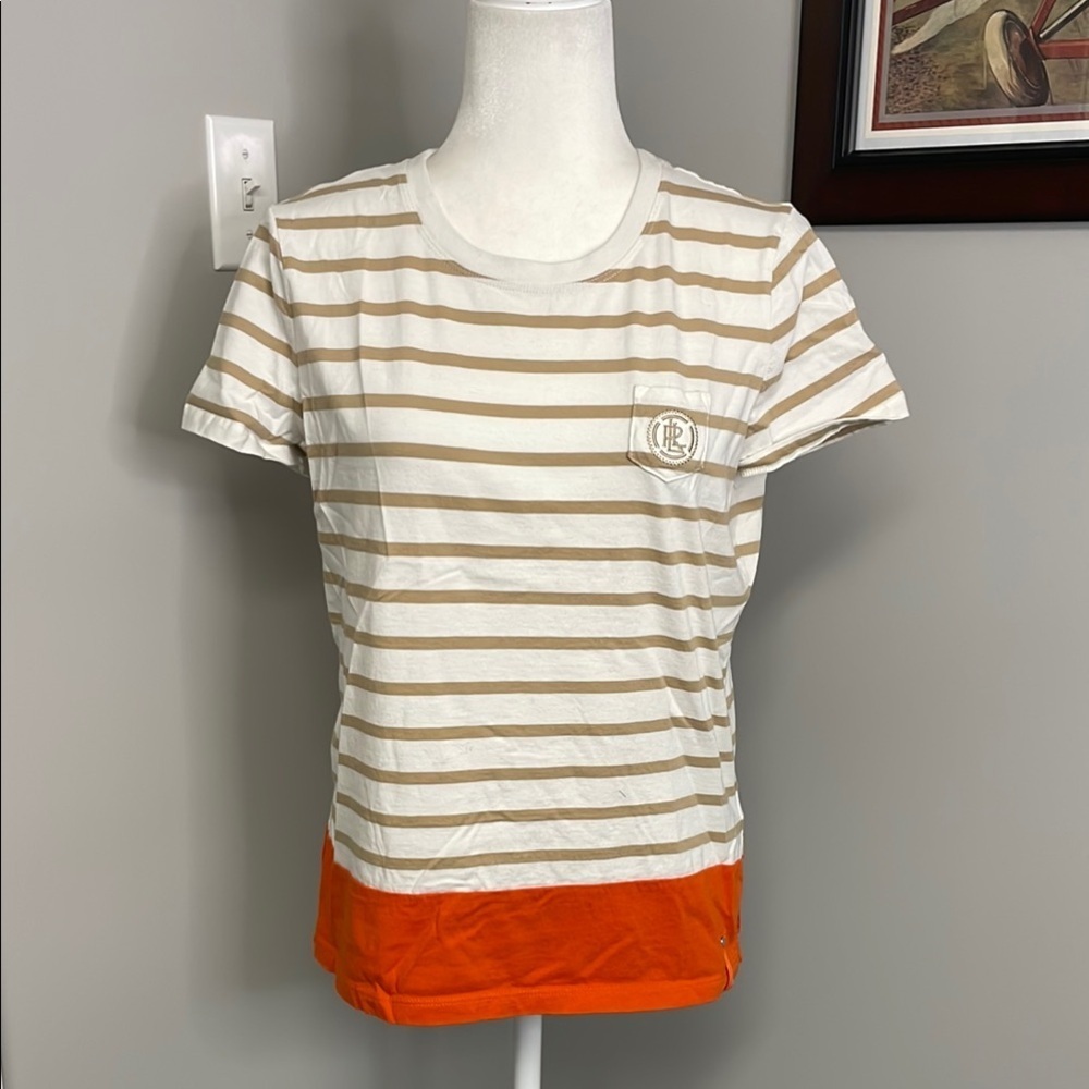 Lauren Ralph Lauren Active Orange Brown Striped Short Sleeve Size Large Cotton